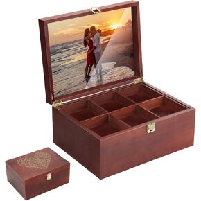 Larger Wooden Memory Keepsake Boxes With Hinged Lids, Keepsake Chests with Photo Box inside Gift for Wedding, Valentines Day Anniversary, Love box with Floral Heart,Memory Box for Kids, Time Capsule