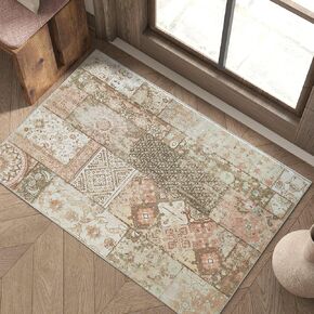 jinchan Boho Runner Rug 2x5 Vintage Hallway Rug Patchwork Washable Rug Kitchen Rug Tribal Rug Indoor Floral Rug Decor Non Slip Soft Carpet for Bedroom Bathroom Living Room Laundry Room Brown/Teal