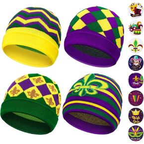 4 Pcs Mardi Gras Beanie Hat 8 Pcs Mardi Gras Brooch Pin Mardi Gras Knitted Cap for Adults Men Women for Carnival Parade Mardi Gras Party Decorations Accessories