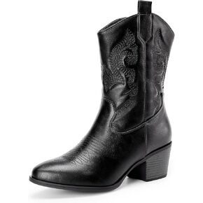 DREAM PAIRS Cowboy Boots for Women, Mid Calf Cowgirl Boots with Embroidery Round Toe Western Chunky Low Heel Shoes