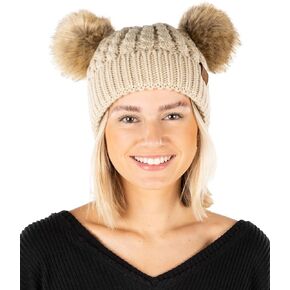 Funky Junque Double Pom Pom Beanie Women Winter Knit Hat Faux Fur Cap