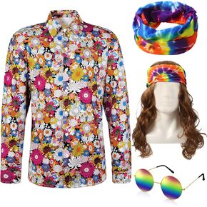 Bokon 60s 70s Disco Hippie Costume Outfits Men Top Floral Vintage Peace Long Sleeve Shirt for Halloween Mardi Gras Cosplay