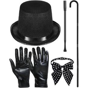 ShinyRelief 5 Pcs Villain Costume Set Includes Black Top Hat Walking Stick Leather Gloves Bow Tie Long Holder Costume Halloween Costumes Accessories for Parade Cosplay Dance Recitals