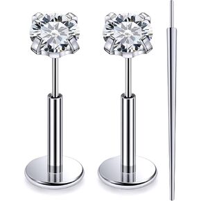 20G 18G 16G Threadless Push In Astm F136 Titanium Nose Ring Studs Flat Back Studs Earrings G23 Titanium Tragus Helix Conch Cartilage Earrings Piercing Jewelry For Women Men CZ 2mm 3mm 4mm