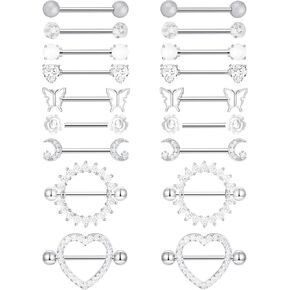 9 Pairs 14G Stainless Steel Nipple Rings Tongue Ring Straight Nipple Barbells Cute Butterfly Rose Opal Moon Heart CZ Body Piercing Jewelry for Women Pink Silver Tone