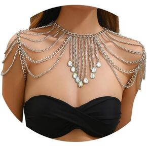 Punk Metal Shoulder Chain Necklace Jewelry Sexy Crystal Tassel Arm Chain Bridal Wedding Multi-layered Shoulder Body Chain Bikini Back Chain Jewelry for Women