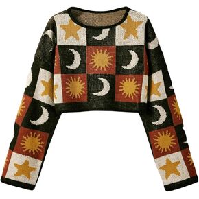 SOLY HUX Plus Size Y2K Cropped Sweaters for Women Star Graphic Sweaters Pullover Boho Tops Grunge Clothes 90s Outfits