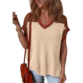 Dokotoo Womens Sweaters 2025 Fashion Summer V Neck Short Sleeve Crochet Sweaters Lightweight Color Block Pullover Tops