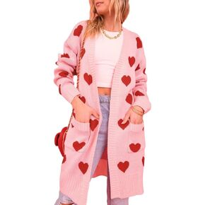 Womens Long Cardigan Love Heart Open Front Sweater Long Sleeve Chunky Knit Cardigan