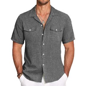 COOFANDY Men's Linen Short Sleeve Button Down Shirt Casual Cuban Collar Summer Beach Shirts Vacation Essentials in Saudi Arabia