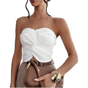 GORGLITTER Women's Twist Front Strapless Bandeau Top Sleeveless Shirred Crop Tube Tops