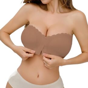 Womens Strapless Bra Non-Slip Padded Bandeau Bras Front Closure Bras for Women Wavy Trim Seamless Tube Top Bralette