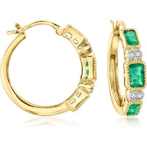 Ross-Simons 2.10 ct. t.w. Emerald and .13 ct. t.w. Diamond Hoop Earrings in 18kt Gold Over Sterling