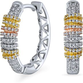 Holiday Bridal Micro Pave CZ Inside Out Wide Rectangle Criss Cross Huggie Hoop Earrings For Women Wedding Prom Formal Party Yellow 14K Gold Silver Plated Hinge Style