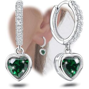 Green Heart Hoop Earrings with Dangle Sterling Silver Love Heart-Shaped Earrings Trendy Hypoallergenic Cubic Zirconia Hoop Earrings with Dangling Charms Dainty Fashion Loop Earrings for Women Gifts