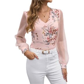 MakeMeChic Women's Lace Long Sleeve Tops Sheer Mesh Scallop Trim V Neck Blouse Shirt