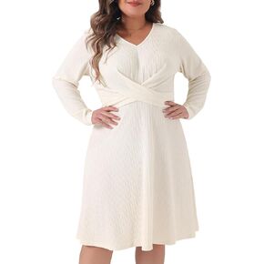 Agnes Orinda Plus Size Dresses for Women Long Sleeve Elegant Knitted Criss Cross V Neck Sweater Midi Dress