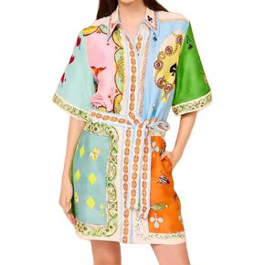 Qikaka Women's Short Sleeve Lapel V Neck Button Printed Bodycon Sexy Nightclub Party Belted Holiday Dress