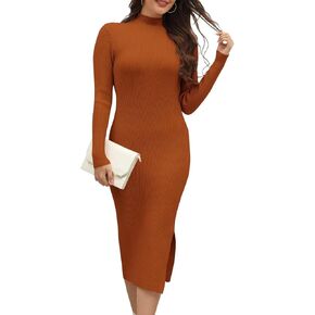 Wkior Women Long Sleeve Sweater Dresses Turtleneck Basic Ribbed Slim Fit Casual Bodycon 2025 Trendy Midi Dress(S-2XL)