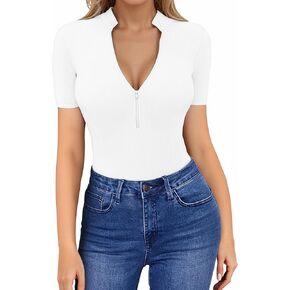 HERLOLLYCHIPS Womens Long Sleeve Tops Mock Turtle Neck Zip Up Short Sleeve Ribbed Deep V Sexy Casual Shirts
