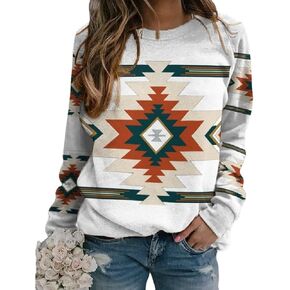 Aztec Sweatshirt Women Long Sleeve Crewneck Retro Western Shirts Geometric Ethnic Sweatshirt Casual Tops Sweater
