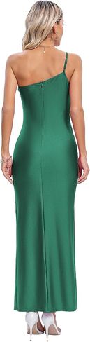 فستان نسائي طويل من JLCNCUE بحمالات رفيعة بكتف واحد فستان ضيق وفتحة عالية وفتحة عالية فستان رسمي بعقدة وخصر مكشكش لحفلات الكوكتيل in Kuwait