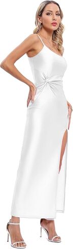 JLCNCUE Women Spaghetti Strap One Shoulder Bodycon Maxi Dress Thigh High Slit Formal Dress Knot Ruched Waist Cocktail Dress in Saudi Arabia