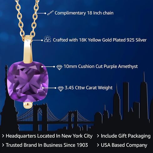 Gem Stone King 18K Yellow Gold Plated Silver 10MM Cushion Cut Gemstone Birthstone Solitaire Pendant Necklace For Women with 18 Inch Silver Chain in Saudi Arabia