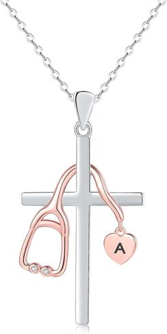 Initial Stethoscope Medicine 925 Sterling Sliver Heart Women Necklace Nurses Week Jewelry Gift for Medical Student Doctor Nurse Dainty Christian Necklace religious cross Gift in Kuwait