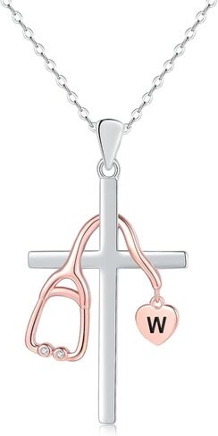 Initial Stethoscope Medicine 925 Sterling Sliver Heart Women Necklace Nurses Week Jewelry Gift for Medical Student Doctor Nurse Dainty Christian Necklace religious cross Gift in Kuwait