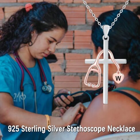 Initial Stethoscope Medicine 925 Sterling Sliver Heart Women Necklace Nurses Week Jewelry Gift for Medical Student Doctor Nurse Dainty Christian Necklace religious cross Gift in Kuwait
