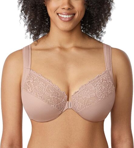 DELIMIRA Women's Front Closure Bras Plus Size Lace Full Coverage Underwire Unlined Bra in Kuwait