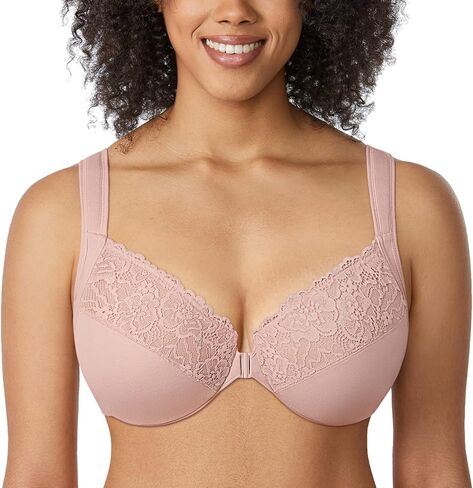 DELIMIRA Women's Front Closure Bras Plus Size Lace Full Coverage Underwire Unlined Bra in Kuwait