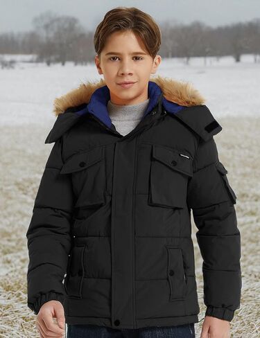 معطف الشتاء الدافئ للأولاد من Wantdo سترة منتفخة سميكة مقاومة للماء مع غطاء رأس من الفرو قابل للإزالة in Kuwait