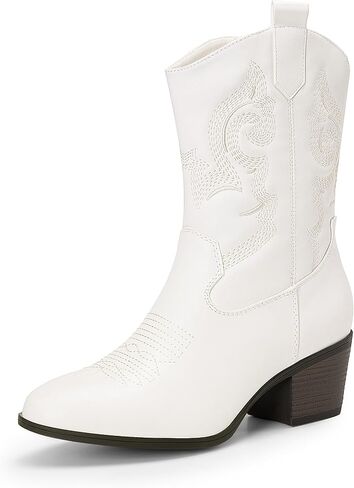 DREAM PAIRS Cowboy Boots for Women, Mid Calf Cowgirl Boots with Embroidery Round Toe Western Chunky Low Heel Shoes in Saudi Arabia