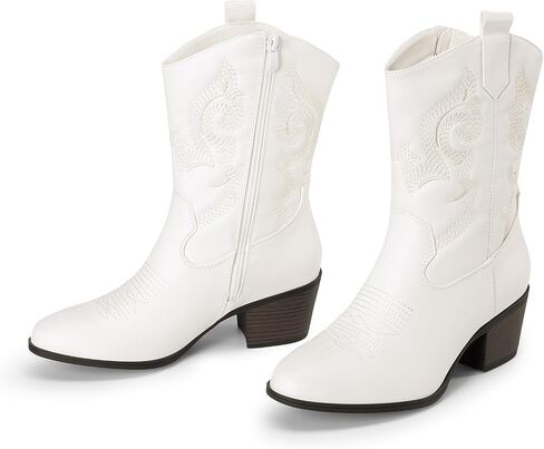 DREAM PAIRS Cowboy Boots for Women, Mid Calf Cowgirl Boots with Embroidery Round Toe Western Chunky Low Heel Shoes in Saudi Arabia