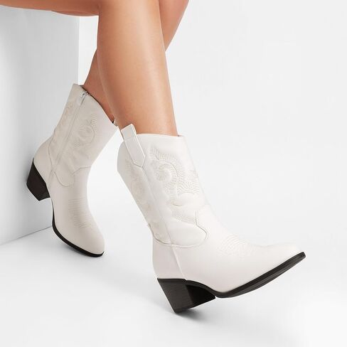 DREAM PAIRS Cowboy Boots for Women, Mid Calf Cowgirl Boots with Embroidery Round Toe Western Chunky Low Heel Shoes in Saudi Arabia