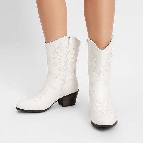 DREAM PAIRS Cowboy Boots for Women, Mid Calf Cowgirl Boots with Embroidery Round Toe Western Chunky Low Heel Shoes in Saudi Arabia
