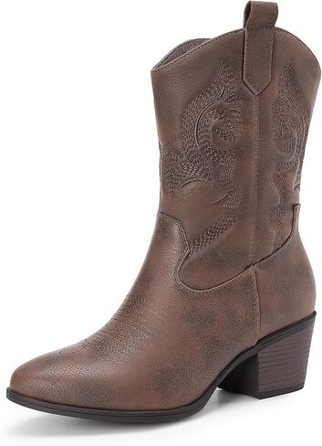 DREAM PAIRS Cowboy Boots for Women, Mid Calf Cowgirl Boots with Embroidery Round Toe Western Chunky Low Heel Shoes in Saudi Arabia