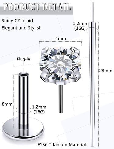 20G 18G 16G Threadless Push In Astm F136 Titanium Nose Ring Studs Flat Back Studs Earrings G23 Titanium Tragus Helix Conch Cartilage Earrings Piercing Jewelry For Women Men CZ 2mm 3mm 4mm in Kuwait