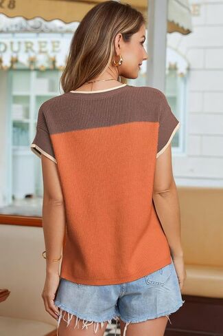 Dokotoo Womens Sweaters 2025 Fashion Summer V Neck Short Sleeve Crochet Sweaters Lightweight Color Block Pullover Tops in Saudi Arabia