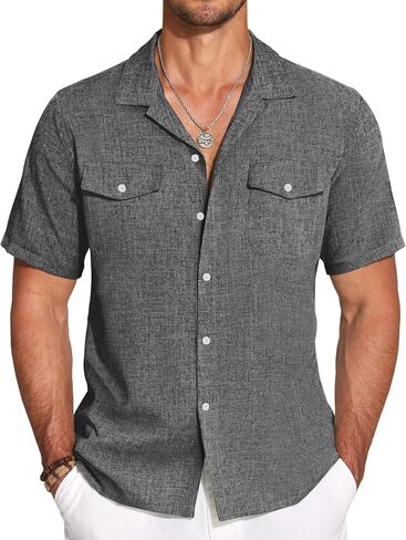 COOFANDY Men's Linen Short Sleeve Button Down Shirt Casual Cuban Collar Summer Beach Shirts Vacation Essentials in Saudi Arabia