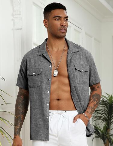 COOFANDY Men's Linen Short Sleeve Button Down Shirt Casual Cuban Collar Summer Beach Shirts Vacation Essentials in Saudi Arabia