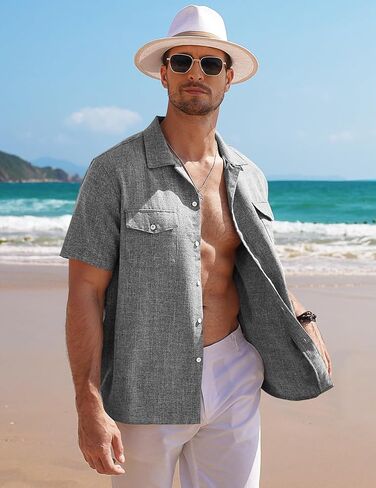 COOFANDY Men's Linen Short Sleeve Button Down Shirt Casual Cuban Collar Summer Beach Shirts Vacation Essentials in Saudi Arabia