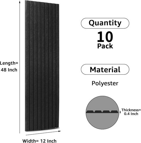 Art3dwallpanels 10 لوحات صوتية، 48 بوصة × 12 بوصة × 0.35 بوصة لوحات حائط عازلة للصوت، معالجة صوتية ذاتية اللصق عالية الكثافة ممتصة للصوت لاستوديو التسجيل، المكتب، أسود in Kuwait