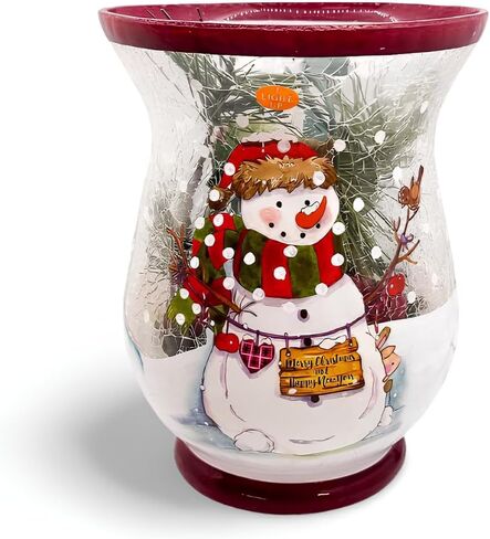Transpac Crackle Glass Christmas Themed Lighted Floral Hurricane Vase 6"" Dx7.75 H Plug in (Snowman), Y364XZU in Saudi Arabia