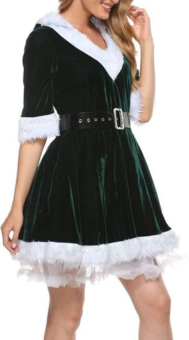 Women's Christmas Mini Dress Plush Sashes Decorated V-neck Short Sleeve Hooded Dress Sexy Santa Costumes Fancy Dress in Saudi Arabia
