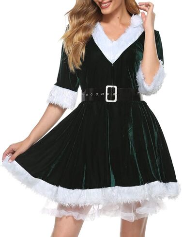 Women's Christmas Mini Dress Plush Sashes Decorated V-neck Short Sleeve Hooded Dress Sexy Santa Costumes Fancy Dress in Saudi Arabia