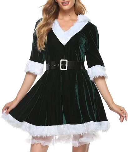 Women's Christmas Mini Dress Plush Sashes Decorated V-neck Short Sleeve Hooded Dress Sexy Santa Costumes Fancy Dress in Saudi Arabia