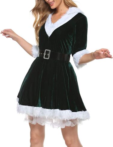 Women's Christmas Mini Dress Plush Sashes Decorated V-neck Short Sleeve Hooded Dress Sexy Santa Costumes Fancy Dress in Saudi Arabia